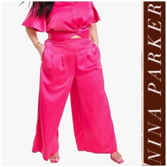 NINA PARKER - L Sz 4X NWT Plus Size Pleated Satin Palazzo Pants in Pink Yarrow. - Picture 1 of 16